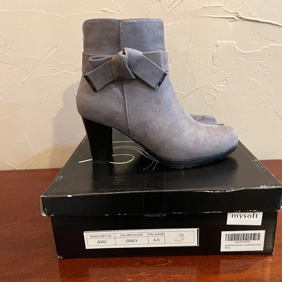 Mysoft Women's Gray Suede Ankle Boots - Bow Detail Block Heel - Size 6.5 - Picture 2 of 5